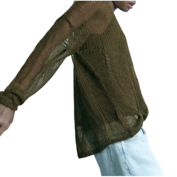 ZARA Distressed Knit Sweater Women’s Sze L Olive GreenLoose Open Weave Wool Boho - Picture 7 of 15